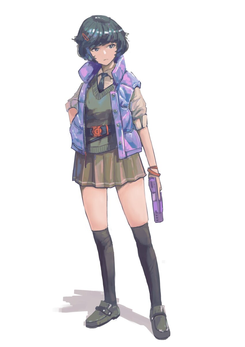 1girl absurdres black_necktie black_socks car collared_shirt full_body green-framed_eyewear green_car green_hair green_skirt gun hand_in_pocket handgun highres holding holding_gun holding_weapon motor_vehicle necktie notfuji original over-kneehighs pleated_skirt purple_eyes shadow shirt short_hair simple_background skirt sleeveless sleeveless_jacket socks solo thighhighs trigger_discipline weapon white_background white_shirt