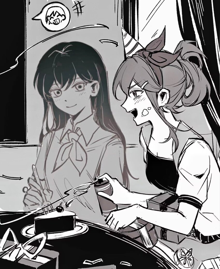 +++ 2girls :d alternate_hairstyle aubrey_(faraway)_(omori) aubrey_(omori) bow_hairband cake cake_slice cherry closed_mouth collared_shirt commentary food fork fruit gift hair_between_eyes hairband highres holding holding_fork holding_gift indoors jacket kel_(omori) long_hair looking_at_viewer mari_(headspace)_(omori) mari_(omori) monochrome multiple_girls neckerchief niu_tata omori open_clothes open_jacket open_mouth plate profile shirt short_sleeves sidelocks simple_background smile spoken_character sweater_vest symbol-only_commentary table teeth upper_body upper_teeth_only v-shaped_eyebrows
