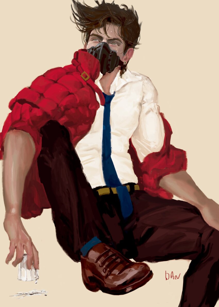 1boy artist_name battle_tendency blue_necktie brown_hair brown_pants coat commentary cup danart14020 dress_shirt green_eyes highres holding holding_cup jacket jojo_no_kimyou_na_bouken joseph_joestar joseph_joestar_(young) male_focus mask mouth_mask necktie off_shoulder padded_coat pants realistic red_jacket shirt shoes short_hair solo sweat symbol-only_commentary