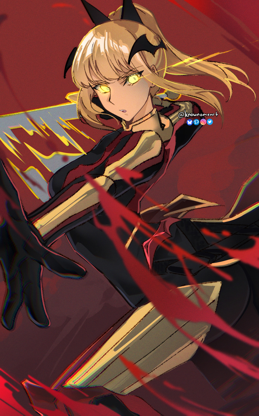 1girl absurdres arms_up ass black_bodysuit blonde_hair blood bodysuit breasts cha_hae-in eye_trail fighting_stance hair_ornament high_ponytail highres holding holding_sword holding_weapon knowname light_trail medium_breasts open_hand outstretched_arm parted_lips ponytail short_ponytail slashing solo solo_leveling sword weapon yellow_eyes