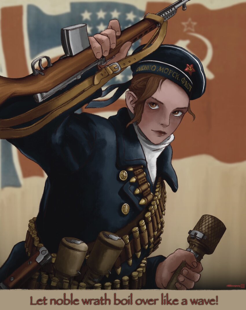 1girl brown_eyes brown_hair eusan_flag explosive grenade hat highres holding holding_grenade looking_at_viewer military military_uniform naval_uniform naval_working_uniform nnnmengmeng original poster_(medium) russian_text short_hair shoulder_strap soldier solo soviet_flag tagme union_jack world_war_ii