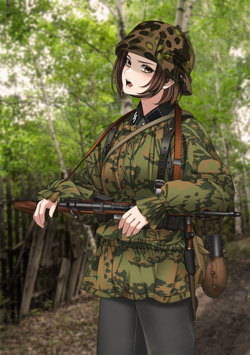 1girl absurdres ammunition_pouch bayonet belt blurry blurry_background bolt_action brown_eyes brown_hair buttons camouflage camouflage_headwear camouflage_jacket canteen chin_strap collar_tabs combat_helmet commentary forest grey_jacket gun gun_sling helmet highres holding holding_gun holding_weapon jacket keiita load_bearing_equipment long_sleeves looking_at_viewer mauser_98 military military_jacket military_uniform nature nazi open_mouth original outdoors pants pouch rifle short_hair sidelocks soldier solo ss_insignia ss_uniform stahlhelm teeth upper_body waffen-ss weapon woodland_camouflage world_war_ii