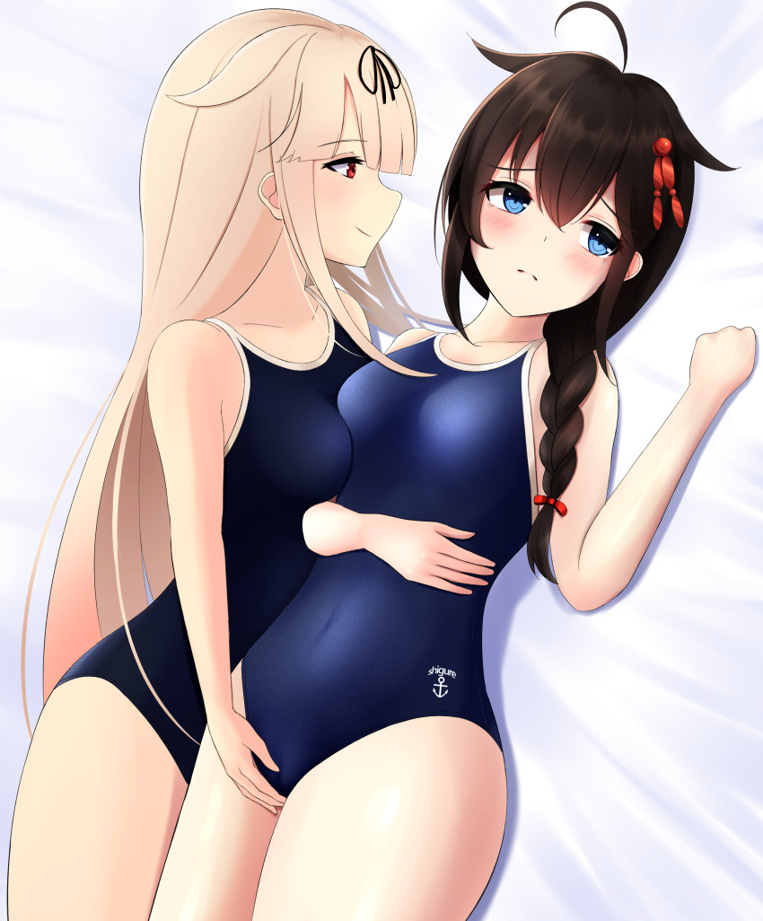 2girls absurdres ahoge alternate_costume anchor_symbol asymmetrical_docking black_one-piece_swimsuit black_ribbon blonde_hair blue_eyes blue_one-piece_swimsuit blush braid breast_press breasts brown_hair collarbone competition_school_swimsuit competition_swimsuit covered_navel embarrassed fingering gradient_hair hair_between_eyes hair_flaps hair_ornament hair_over_shoulder hair_ribbon hairclip highres kantai_collection long_hair lying messy_hair multicolored_hair multiple_girls nokonoko one-piece_swimsuit red_eyes ribbon school_swimsuit shigure_(kancolle) simple_background single_braid small_breasts swimsuit white_background yuri yuudachi_(kancolle)