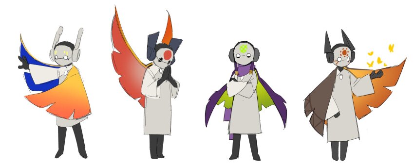 1girl 1other 2boys alternate_costume alternate_skin_color alternate_universe androgynous black_gloves blue_cape brown_cape bug butterfly cape circle_facial_mark colored_skin facial_mark five_pebbles fleshbird forehead_mark gloves green_cape grey_skin highres insect iterator_(rain_world) joints looking_at_animal looking_at_viewer looking_to_the_side looks_to_the_moon multiple_boys no_mouth no_nose no_significant_harassment orange_cape praying purple_cape rain_world red_cape robe robot robot_ears robot_girl robot_joints seven_red_suns sky:_children_of_the_light white_background white_robe wide-eyed wing_cape x x_facial_mark yellow_butterfly yellow_cape