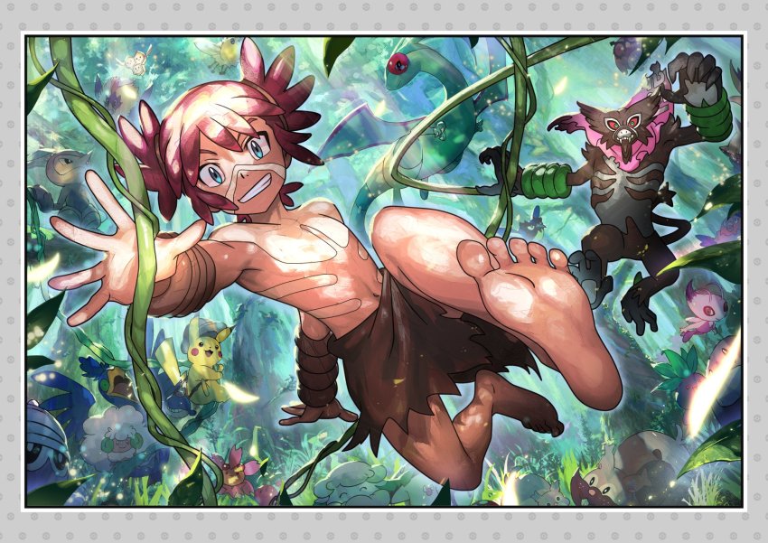 1boy alternate_color amoonguss barefoot celebi cherrim cherrim_(sunshine) cherubi clenched_teeth combee commentary_request cottonee cramorant cutiefly day facepaint flygon gen_1_pokemon gen_2_pokemon gen_3_pokemon gen_4_pokemon gen_5_pokemon gen_7_pokemon gen_8_pokemon grin highres hoothoot jumping jungle koko_(pokemon) legendary_pokemon light_beam loincloth looking_at_viewer male_focus mythical_pokemon nature navel nijimaarc nintendo nuzleaf oddish outdoors pikachu plant pokemon pokemon_(anime) pokemon_(creature) pokemon_the_movie:_secrets_of_the_jungle red_hair rookidee rufflet seedot shiny_pokemon skwovet smile soles spread_fingers teeth toes topless_male vines vullaby whimsicott zarude zarude_(dada)