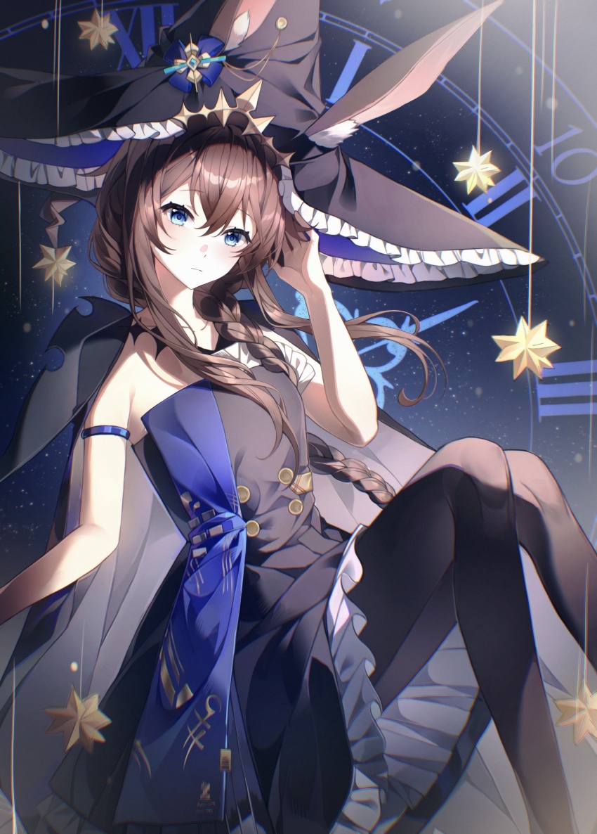 1girl absurdres ambience_synesthesia amiya_(arknights) amiya_(medic)_(arknights) amiya_(medic)_(solo_around_the_world)_(arknights) animal_ears arknights armlet black_dress black_hat black_pantyhose blue_eyes braid brown_hair cape closed_mouth commentary dial dress ears_through_headwear expressionless feet_out_of_frame frilled_dress frilled_hat frills grey_cape hair_between_eyes hat highres jewelry knees_up long_hair looking_at_viewer official_alternate_costume pantyhose roman_numeral solo symbol-only_commentary uchihasakino witch_hat