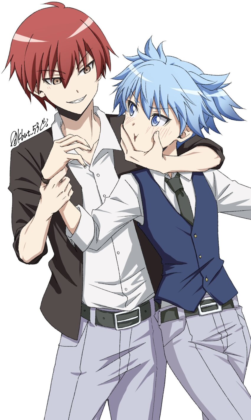 2boys :t akabane_karma ansatsu_kyoushitsu arm_around_shoulder belt black_belt black_cardigan black_necktie blue_eyes blue_hair blue_vest blush bracelet cardigan cheek_squash collarbone collared_shirt cowboy_shot grabbing_another&#039;s_chin grey_pants grin hand_on_another&#039;s_chin highres holding_another&#039;s_wrist jewelry kbut_53 kunugigaoka_middle_school_uniform looking_at_another male_focus multiple_boys necktie open_mouth pants red_hair school_uniform shiota_nagisa shirt short_twintails simple_background sleeves_rolled_up smile twintails twitter_username v-shaped_eyebrows vest white_background white_shirt yaoi yellow_eyes