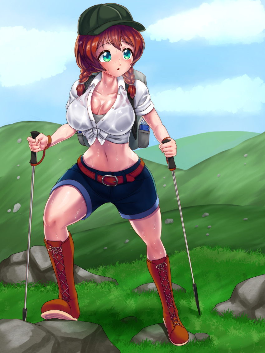 1girl :o absurdres aqua_eyes artist_name backpack bad_id bad_pixiv_id bag baiyasan11 bare_legs belt blouse blue_eyes blue_pants blue_sky blush boots bottle braid breasts brown_belt brown_boots brown_hair cloud collarbone collared_shirt day emma_verde female_focus freckles full_body grass hair_between_eyes hair_tie highres hiking hiking_outfit hill knee_boots lace-up_boots long_hair looking_at_viewer love_live! love_live!_nijigasaki_high_school_idol_club medium_breasts mountain outdoors pants parted_lips red_hair shirt short_pants sky smile solo sweat sweat_shirt sweatdrop sweaty_clothes thighs tied_shirt twin_braids twintails water_bottle wet wet_clothes white_shirt