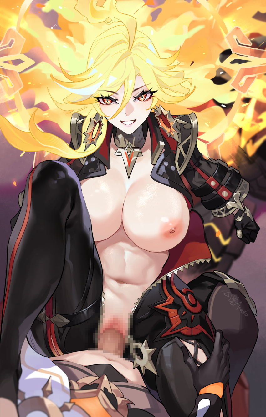 1boy 1girl absurdres aether_(genshin_impact) ahoge artist_name biker_clothes black_gloves bodysuit breasts censored clenched_hand earrings fiery_hair flamestrider_(genshin_impact) genshin_impact gloves hair_between_eyes halo halo_behind_head highres jewelry large_breasts looking_at_viewer mavuika_(genshin_impact) mosaic_censoring motor_vehicle motorcycle navel nipples on_motorcycle parted_lips red_eyes sex smile unzipped vaginal xinliu_asato zipper