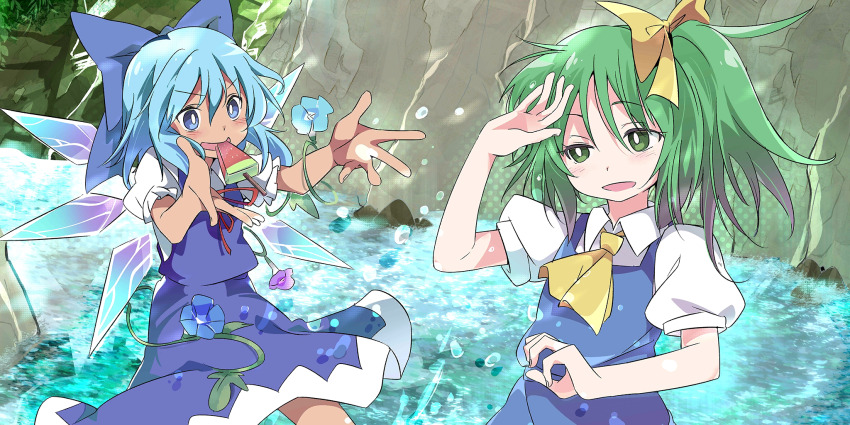 2girls ascot blue_bow blue_dress blue_eyes blue_flower blue_hair blush bow bright_pupils cirno collared_shirt commentary daiyousei detached_wings dress english_commentary flower food food_in_mouth game_cg green_eyes green_hair hair_bow highres ice ice_wings ixy long_hair morning_glory multiple_girls neck_ribbon no_wings official_art open_mouth outdoors plant popsicle popsicle_in_mouth puffy_short_sleeves puffy_sleeves purple_flower red_ribbon ribbon shirt short_sleeves side_ponytail smile tan tanned_cirno third-party_source touhou touhou_lostword vines wading water watermelon_bar white_pupils white_shirt wings yellow_ascot yellow_bow