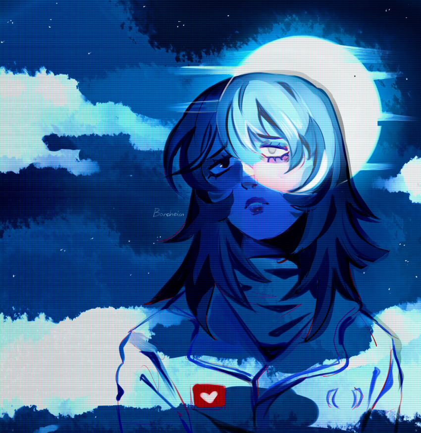 1girl absurdres anya_(mouthwashing) blue_theme borcheim cloud full_moon furrowed_brow hair_between_eyes heart highres jacket limited_palette long_hair looking_up moon mouthwashing portrait solo spotlight turtleneck