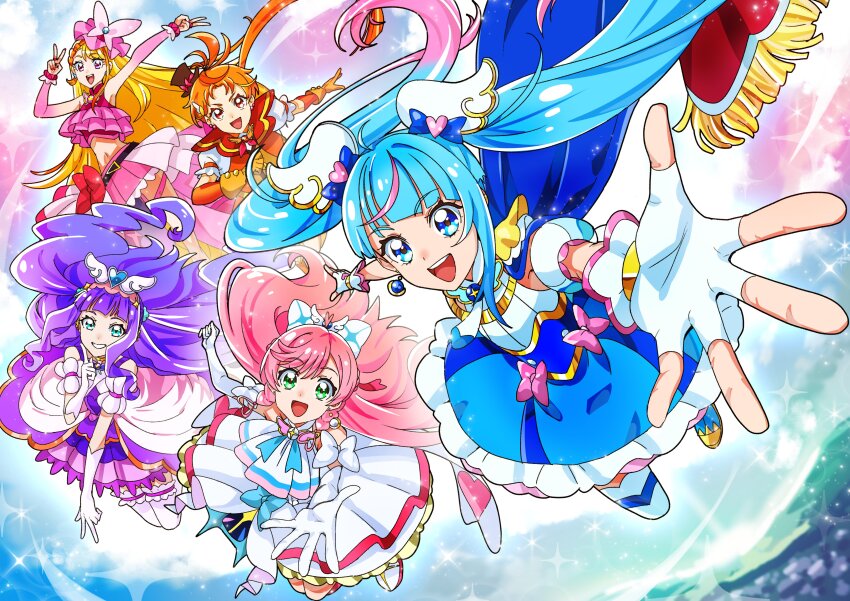 1boy 4girls absurdres ankle_boots aqua_eyes ascot belt black_belt black_hat blonde_hair blue_boots blue_bow blue_cape blue_dress blue_eyes blue_hair blue_sky boots bow bow_skirt braid braided_bangs bridal_gauntlets brooch butterfly_hat_ornament cape center_frills cloud cloudy_sky commentary cropped_shirt crown_braid cure_butterfly cure_majesty cure_prism cure_sky cut_bangs day detached_sleeves dress dress_bow earclip earrings elbow_gloves ellee-chan fingerless_gloves floating frilled_dress frilled_shirt frilled_thighhighs frills fringe_trim glove_bow gloves gradient_hair green_eyes grin hair_bow hair_ornament hat hat_ornament highres hijiri_ageha hirogaru_sky!_precure index_finger_raised jacket jewelry layered_dress layered_gloves legs_up long_hair looking_at_viewer magical_boy magical_girl medium_dress microskirt midriff mini_hat mini_top_hat mismatched_earrings mob_cap multicolored_hair multiple_girls navel nijigaoka_mashiro open_mouth orange_gloves orange_hair orange_jacket outdoors pantyhose pink_bow pink_gloves pink_hair pink_hat pink_shirt pink_skirt pleated_skirt precure puffy_detached_sleeves puffy_short_sleeves puffy_sleeves purple_dress purple_eyes purple_hair purple_pantyhose reaching reaching_towards_viewer red_bow red_cape red_eyes shirt short_sleeves showgirl_skirt side_braids single_earring single_leg_pantyhose single_sidelock skirt sky sleeveless sleeveless_dress sleeveless_shirt smile sora_harewataru sparkle streaked_hair thigh_strap thighhighs tilted_headwear top_hat tsukikage_oyama twintails two-sided_cape two-sided_fabric two-tone_dress two-tone_hair two_side_up very_long_hair white_ascot white_boots white_bow white_dress white_gloves white_thighhighs wing_brooch wing_hair_ornament