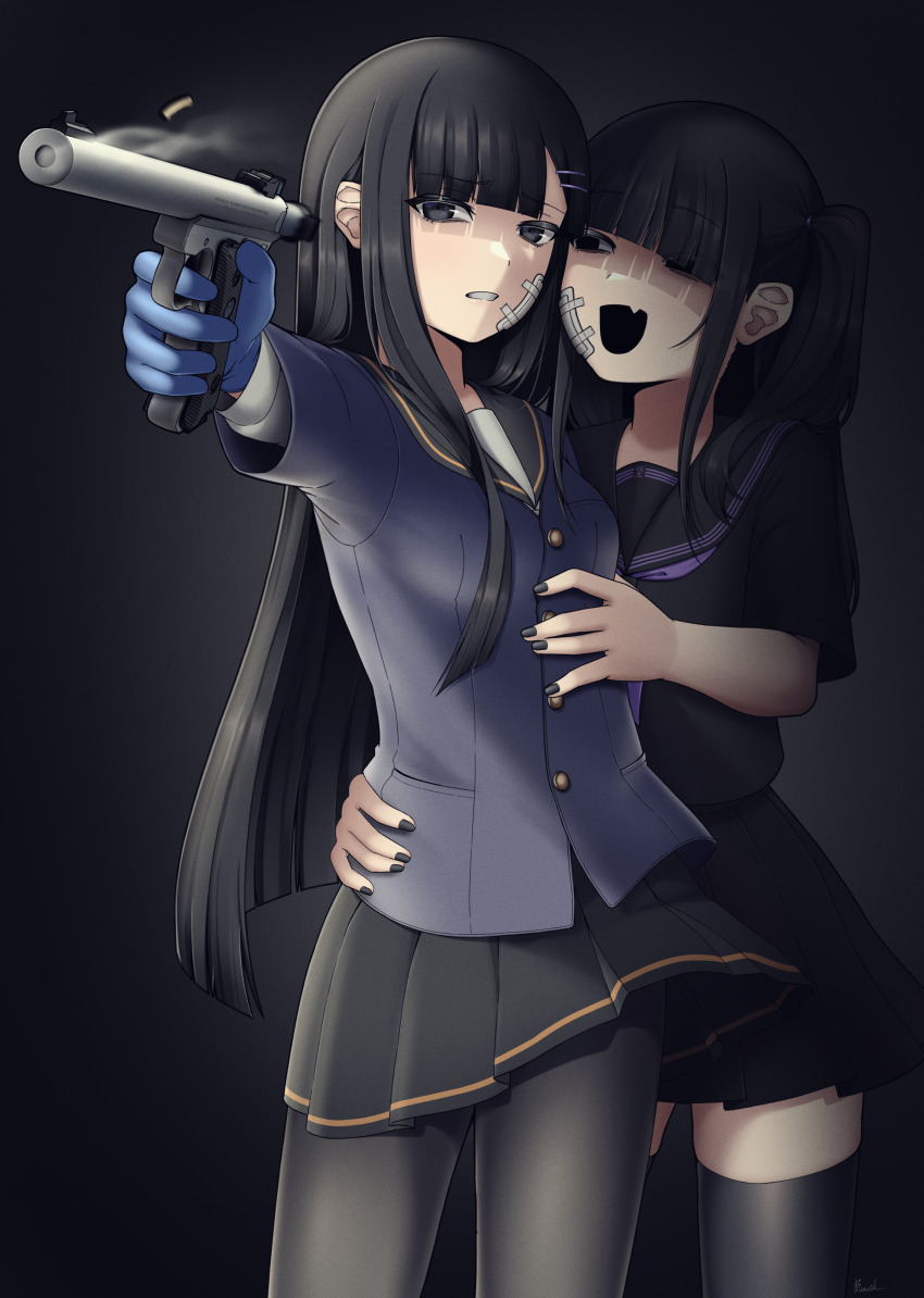 2girls :d absurdres bismuth_(paravene) black_eyes black_hair black_nails black_pantyhose black_sailor_collar black_serafuku black_shirt black_skirt black_thighhighs blue_gloves blue_shirt diagonal_bangs fang firing gloves grey_background grey_eyes gun hair_over_one_eye handgun highres holding holding_gun holding_weapon long_hair long_sleeves multiple_girls nail_polish neckerchief one_side_up open_mouth original outstretched_arm pantyhose pleated_skirt purple_neckerchief ruger_mark_ii sailor_collar school_uniform serafuku shell_casing shirt short_sleeves skirt smile smoking_pipe thighhighs very_long_hair weapon