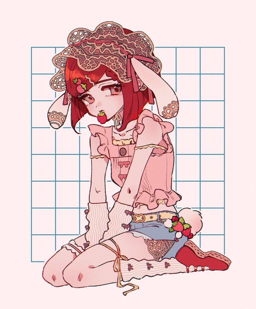 1girl alternate_costume animal_ears arms_between_legs belt belt_buckle blue_shorts braid braided_bangs breasts brown_eyes buckle buttons commentary danganronpa_(series) danganronpa_v3:_killing_harmony film_grain food-themed_hair_ornament food_in_mouth frilled_shirt frills full_body hair_ornament hairband highres lolita_hairband navel pink_shirt rabbit_ears rabbit_tail red_hair red_ribbon red_shoes ribbon shimaya shirt shoes short_hair shorts sitting sleeveless sleeveless_shirt small_breasts socks solo strawberry_hair_ornament symbol-only_commentary tail v_arms white_arm_warmers white_socks yellow_belt yumeno_himiko
