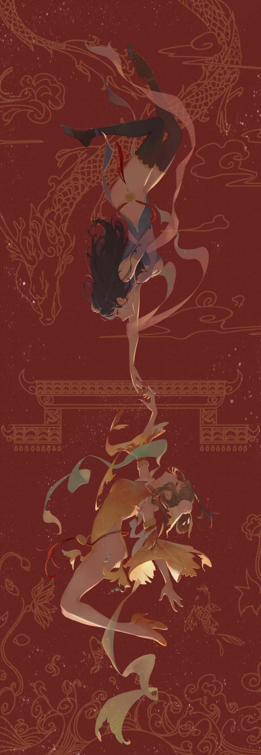 2girls absurdres benghuai_xueyuan black_hair black_thighhighs breasts brown_hair china_dress chinese_clothes dragon dress eastern_dragon full_body green_dress high_heels highres honkai_(series) koi_(benghuai_xueyuan) medium_breasts meichu multiple_girls orange_dress pan_long_(benghuai_xueyuan) pelvic_curtain red_background thighhighs yellow_eyes