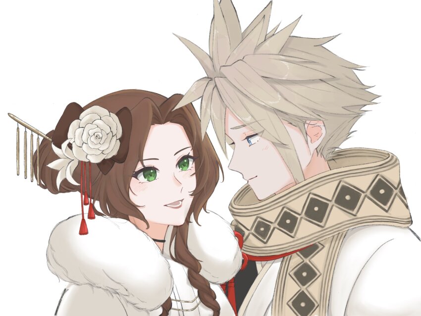 1boy 1girl aerith_gainsborough aerith_gainsborough_(festive_crimson_attire) black_choker blonde_hair blue_eyes choker closed_mouth cloud_strife cloud_strife_(official_festive_garb) final_fantasy final_fantasy_vii final_fantasy_vii_ever_crisis flower fur-trimmed_kimono fur_trim furisode green_eyes hair_bun hair_flower hair_ornament hair_stick highres japanese_clothes kimono light_blush lily_(flower) long_hair looking_at_another official_alternate_costume official_alternate_hairstyle open_mouth parted_bangs print_scarf rose scarf short_hair sidelocks smile spiked_hair tassel tassel_hair_ornament two-tone_robe ulshi09 upper_body white_background white_flower white_kimono white_rose