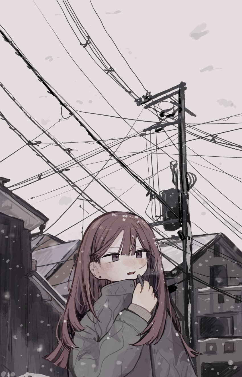 1girl absurdres blush brown_hair building earrings grey_eyes grey_sky highres jacket jewelry long_hair open_mouth original outdoors overcast power_lines sky snow snowing solo stud_earrings transformer upper_body utility_pole yunoki_itsugu