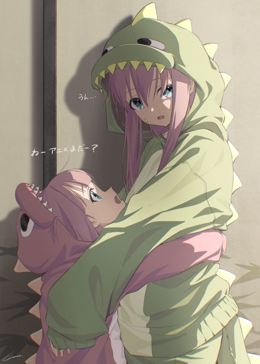 2girls absurdres blue_eyes bocchi_the_rock! dinosaur_costume gotoh_futari gotoh_hitori green_jumpsuit hair_between_eyes highres hug jumpsuit long_hair looking_at_another looking_at_viewer multiple_girls open_mouth pink_hair pink_jumpsuit siblings sidelocks sisters sweatdrop yo_na