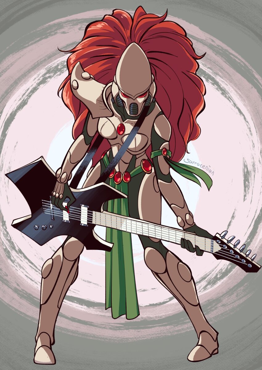 1girl armband armor artist_name asymmetrical_armor bodysuit bodysuit_under_clothes boobplate breastplate commentary eldar electric_guitar english_commentary full_armor full_body gem green_armband guitar heavy_metal helmet highres holding holding_guitar holding_instrument holding_plectrum howling_banshee instrument leaning_forward long_hair looking_at_viewer pauldrons pelvic_curtain playing_guitar playing_instrument plectrum power_armor power_suit red_eyes red_gemstone red_hair sarracenian science_fiction shoulder_armor signature single_pauldron solo very_long_hair warhammer_40k white_armor