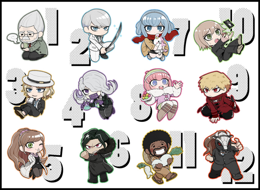 4girls 6+boys :d :o afro ando_ruruka bandai_daisaku black_border black_hair black_jacket black_pants blonde_hair blush_stickers boots border brown_footwear brown_jacket chibi clenched_hand danganronpa_(series) danganronpa_3_(anime) dark-skinned_male dark_skin diaper envelope facial_hair flipped_hair food formal_clothes fur-trimmed_jacket fur_trim gekkogahara_miaya glasses great_gozu green_eyes grey_hair grin hair_over_one_eye hand_up holding holding_stuffed_toy holding_weapon hood hooded_jacket horns horse_mask index_finger_raised izayoi_sounosuke jacket kimura_seiko kizakura_kouichi knee_boots kunai long_hair mask mitarai_ryota monomi_(danganronpa) mouth_mask multiple_boys multiple_girls munakata_kyousuke mustache necktie numbered on_one_knee open_mouth pants pink_hair pink_jacket ponytail red_eyes red_jacket red_necktie red_scarf sakakura_juuzou scarf shimada_(dmisx) shoes short_hair shorts smile stuffed_toy suit teeth tengan_kazuo upper_teeth_only weapon white_headwear white_jacket white_pants white_suit yukizome_chisa