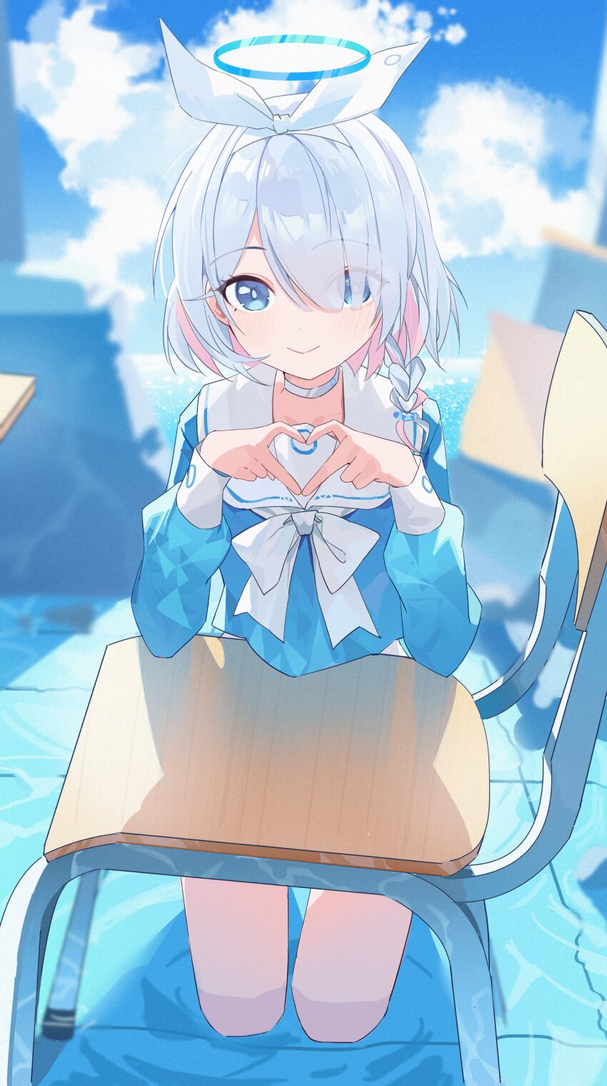 1girl absurdres arona_(blue_archive) blue_archive blue_eyes blue_halo blue_shirt blurry blush braid chair choker cloud cloudy_sky commentary depth_of_field eimizzzzz four-finger_heart_hands hair_over_one_eye hair_ribbon halo headband heart heart_hands highres in_water kneeling looking_at_viewer ribbon sailor_collar school_chair school_uniform serafuku shirt single_braid sky smile solo white_choker white_hair white_headband white_ribbon