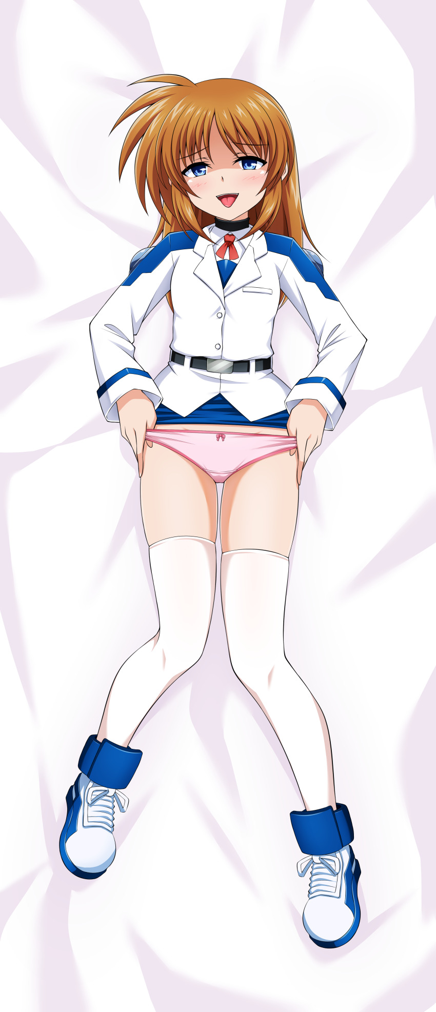 1girl absurdres blue_eyes blush breasts brown_hair clothes_lift highres long_hair looking_at_viewer lyrical_nanoha mahou_shoujo_lyrical_nanoha mahou_shoujo_lyrical_nanoha_a&#039;s military_uniform miniskirt open_mouth oshimaru026 panties pink_panties skirt skirt_lift small_breasts smile solo takamachi_nanoha thighhighs tongue tongue_out tsab_air_military_uniform underwear white_thighhighs