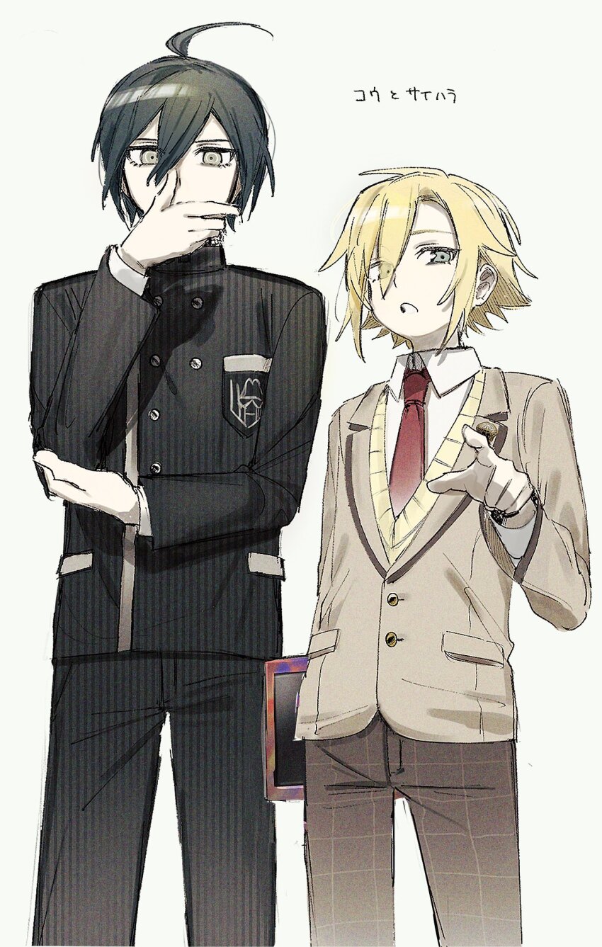 2boys ahoge black_hair black_jacket black_pants blonde_hair character_name collared_shirt crossover danganronpa_(series) danganronpa_v3:_killing_harmony gakuran green_eyes grey_background grey_eyes grey_jacket hair_between_eyes hair_over_one_eye highres jacket long_sleeves looking_at_viewer male_focus multiple_boys necktie ni_22 nijisanji pants pointing red_necktie saihara_shuichi school_uniform shirt simple_background uzuki_kou virtual_youtuber white_shirt