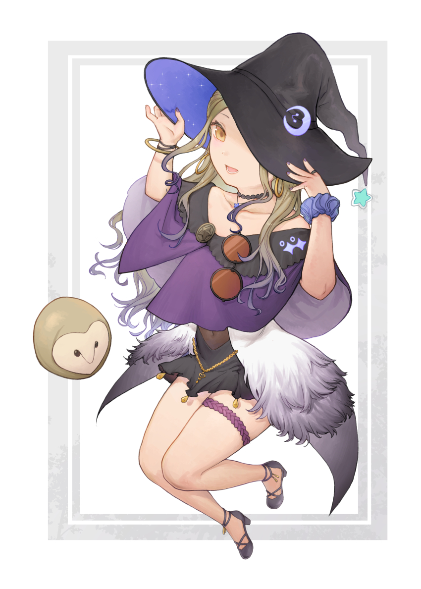 1girl absurdres arms_up bare_legs black_footwear black_hat black_skirt blue_scrunchie border bracelet character_request collarbone copyright_request covered_navel crescent dress floating full_body fur-trimmed_dress fur_trim green_hair grey_border hat high_heels highres jewelry long_hair looking_at_viewer lower_teeth_only miya8111 multicolored_hair one_eye_covered open_clothes open_dress open_mouth purple_dress purple_hair purple_nails ring scrunchie skirt solo starry_sky_print streaked_hair stuffed_owl teeth thigh_strap two-tone_hair virtual_youtuber white_background witch_hat wrist_scrunchie yellow_eyes