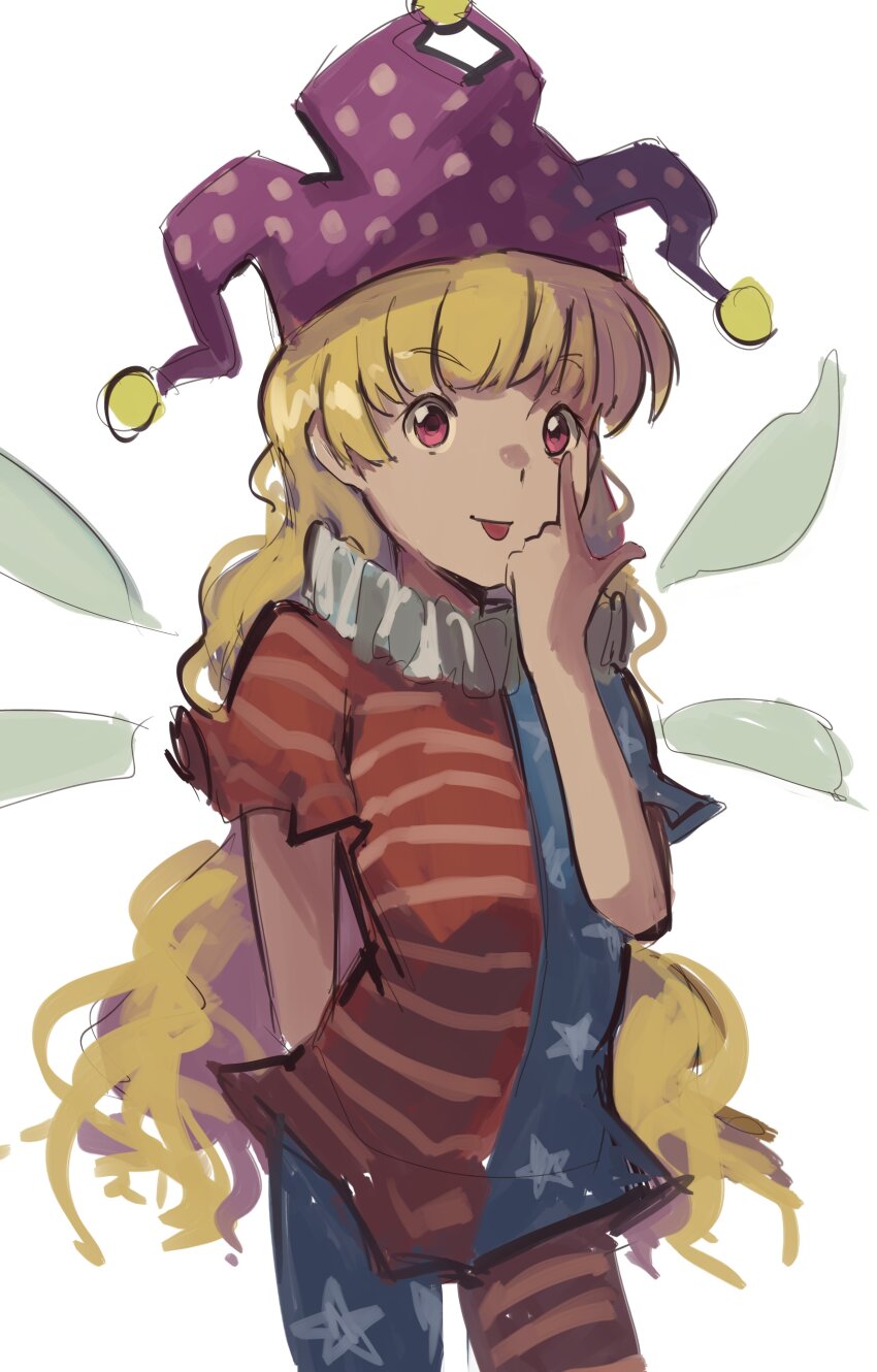 1girl absurdres american_flag american_flag_print blonde_hair child clownpiece cropped_legs fairy flag_print hat highres jester_cap kornod long_hair looking_at_viewer orange_eyes solo touhou very_long_hair white_background wings