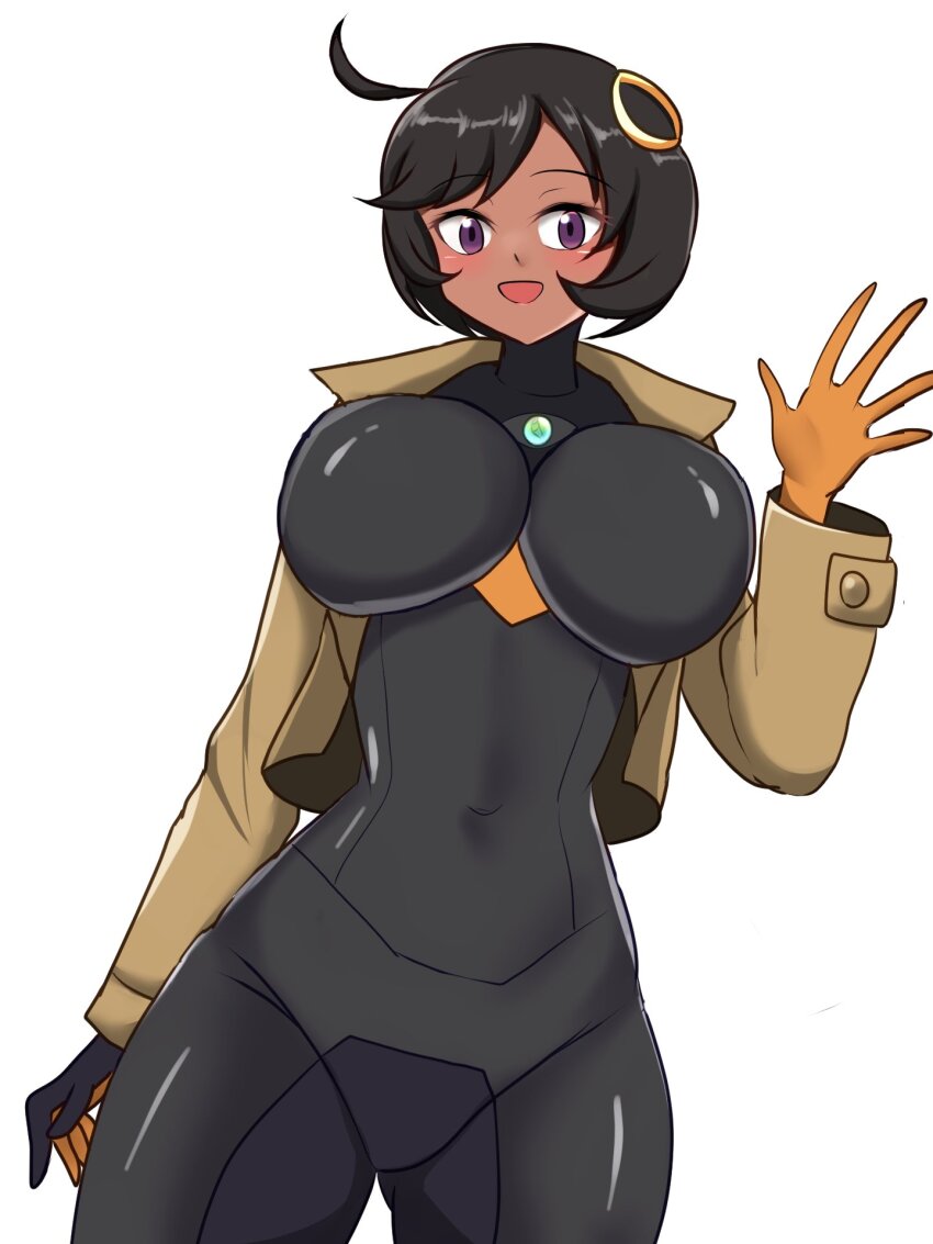 1girl black_hair bodysuit breasts captain_rs_(evil_utdm) dark-skinned_female dark_skin emma_(pokemon) gloves jacket large_breasts long_sleeves looking_at_viewer nintendo pokemon pokemon_legends:_z-a purple_eyes short_hair