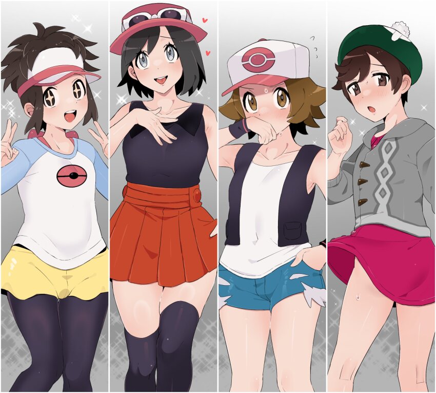 4boys baseball_cap black_leggings black_pantyhose black_vest blush cable_knit calem_(pokemon) cardigan cosplay crossdressing cutoffs denim denim_shorts dress embarrassed exposed_pocket eyewear_on_headwear gloria_(pokemon) gloria_(pokemon)_(cosplay) green_hat grey_cardigan grey_eyes hat heart highres hilbert_(pokemon) hilda_(pokemon) hilda_(pokemon)_(cosplay) hood hooded_cardigan leggings male_focus multiple_boys nate_(pokemon) nintendo open_mouth pantyhose pantyhose_under_shorts pink_dress poke_ball poke_ball_print pokemon pokemon_bw pokemon_bw2 pokemon_swsh pokemon_xy raglan_sleeves red_skirt rosa_(pokemon) rosa_(pokemon)_(cosplay) sana_(37pisana) serena_(pokemon) serena_(pokemon)_(cosplay) shirt shorts single-shoulder_dress skirt sleeveless sleeveless_duster sleeveless_shirt smile sparkle sparkle_background sparkling_eyes sunglasses sweat thighhighs trap vest victor_(pokemon) visor_cap white-framed_eyewear white_shirt wristband yellow_shorts