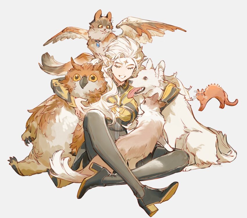 1girl animal animal_hug animal_on_lap arm_around_neck armor baldur&#039;s_gate baldur&#039;s_gate_3 black_footwear boobplate breastplate cat cat_on_lap closed_eyes crossed_ankles dog dungeons_&amp;_dragons elf eyebrow_piercing facial_mark forehead_mark grey_background grey_pants grin happy high_heels knee_up long_hair on_lap owlbear pants piercing pointy_ears scratch_(baldur&#039;s_gate) shoes simple_background sitting smile tav_(baldur&#039;s_gate) vambraces wavy_hair white_hair winged_animal yuji_(fantasia)