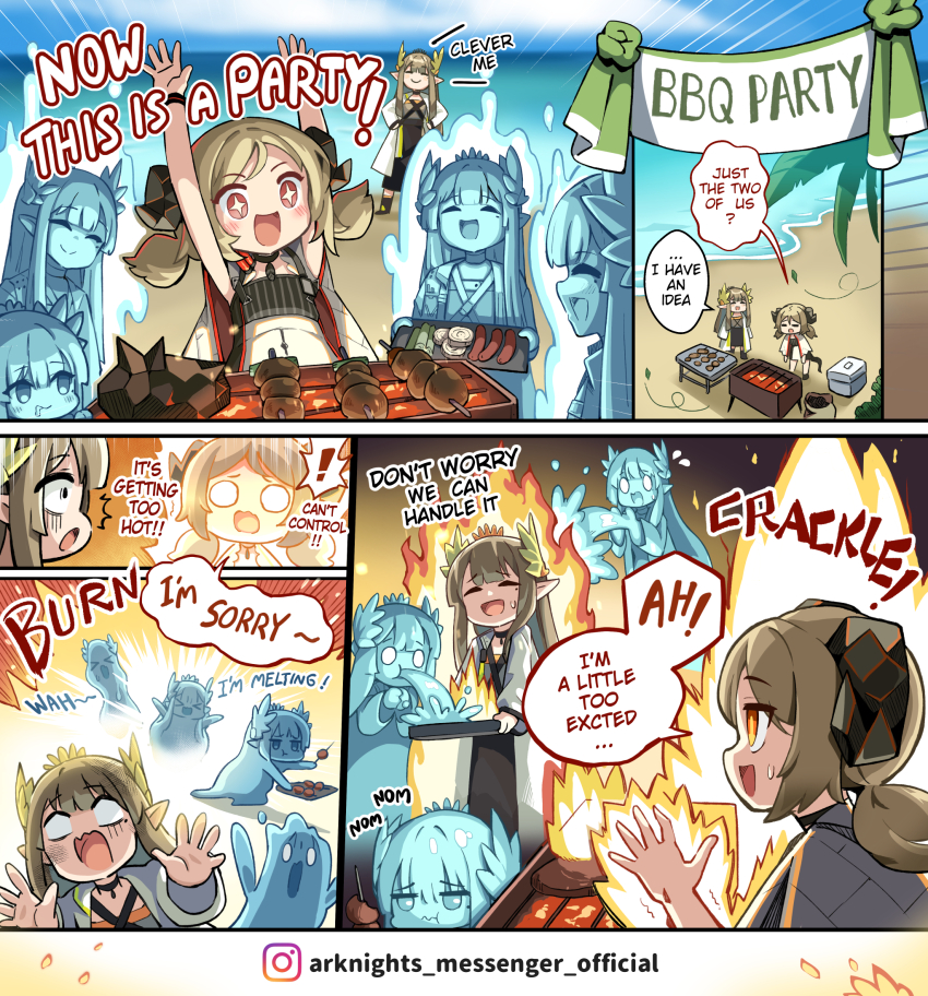 6+girls arknights beach brown_hair clone cooking english_text fire food grill grilling highres hm_(hmongt) holding ifrit_(arknights) long_hair meat muelsyse_(arknights) multiple_girls official_art onion originium_arts_(arknights) originium_slug_(arknights) pointy_ears pyrokinesis sad sausage scared shish_kebab skewer smile speech_bubble very_long_hair