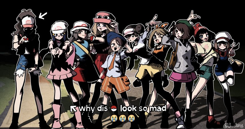 3_jung 6+girls absurdres baseball_cap beanie black_hair black_vest blue_hair blue_overalls blue_shorts brown_eyes brown_hair crying_emoji emoji english_text excited eyewear_on_headwear face_in_shadow flat_cap gloria_(pokemon) grey_sweater hat highres hilda_(pokemon) juliana_(pokemon) long_hair lyra_(pokemon) may_(pokemon) meme multiple_girls naranja_academy_school_uniform necktie night nintendo orange_necktie outdoors overall_shorts overalls pink_shirt pink_skirt pointing poke_ball pokemon pokemon_(creature) pokemon_bw pokemon_bw2 pokemon_dppt pokemon_frlg pokemon_hgss pokemon_oras pokemon_sm pokemon_sv pokemon_swsh pokemon_xy ponytail red_hat rosa_(pokemon) scarf school_uniform selene_(pokemon) serious shadow shirt short_hair short_shorts shorts skirt sleeveless sleeveless_shirt striped_clothes striped_shorts sweater tam_o&#039;_shanter vest visor_cap why_dis_ninja_look_so_mad_(meme) yellow_shorts