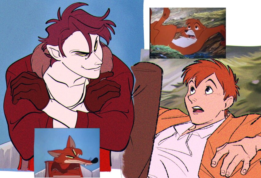 2boys brown_gloves chicken_little collarbone colored_sclera crossed_arms derivative_work fingernails foxy_loxy gloves highres humanization jacket male_focus multiple_boys open_mouth orange_hair orange_jacket red_hair red_jacket reference_inset scared screenshot_redraw smile the_fox_and_the_hound tod_(the_fox_and_the_hound) uochandayo yellow_sclera