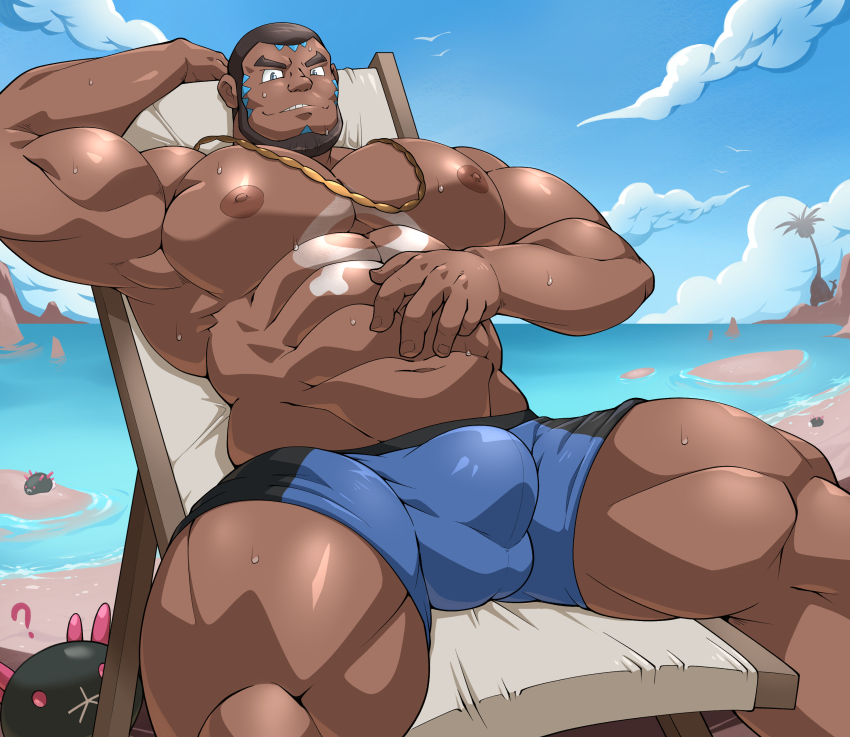 1boy abs absurdres bara black_jammers black_male_swimwear blue_jammers blue_male_swimwear bulge dark-skinned_male dark_skin highres jammers large_bulge maldu_(chokeylover) male_focus male_swimwear matt_(pokemon) multicolored_jammers multicolored_male_swimwear muscular muscular_male nintendo pokemon swimsuit thighs topless_male