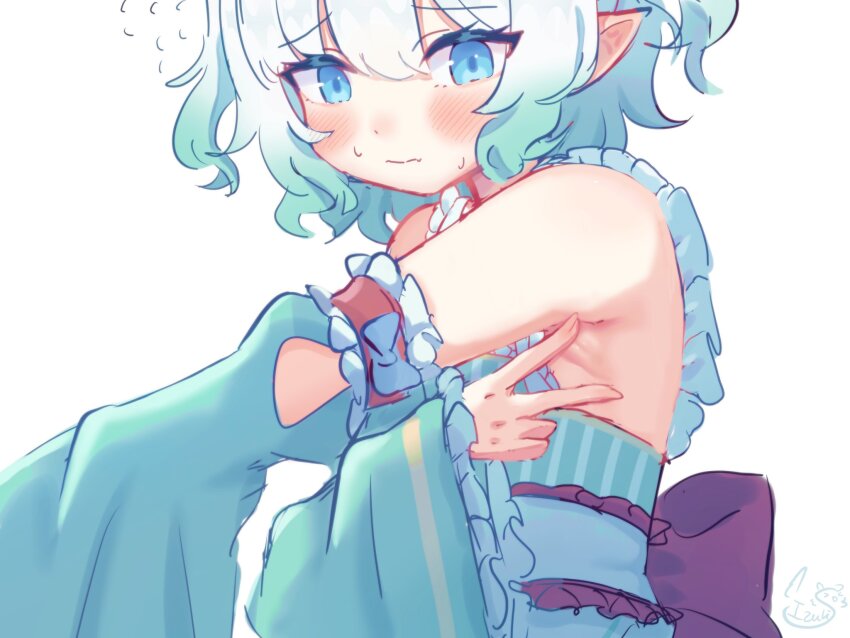 1girl aqua_sleeves armpit_crease armpit_focus armpits black_bow blue_eyes blush bow center_frills commentary detached_sleeves dress english_commentary frilled_dress frills gradient_hair green_dress green_hair highres indie_virtual_youtuber large_bow mint_fantome mint_fantome_(minto_2.0) multicolored_hair pointy_ears shidoizuki short_hair signature simple_background sleeveless sleeveless_dress solo spread_armpit striped_clothes striped_dress vertical-striped_clothes vertical-striped_dress virtual_youtuber wavy_hair white_background white_hair