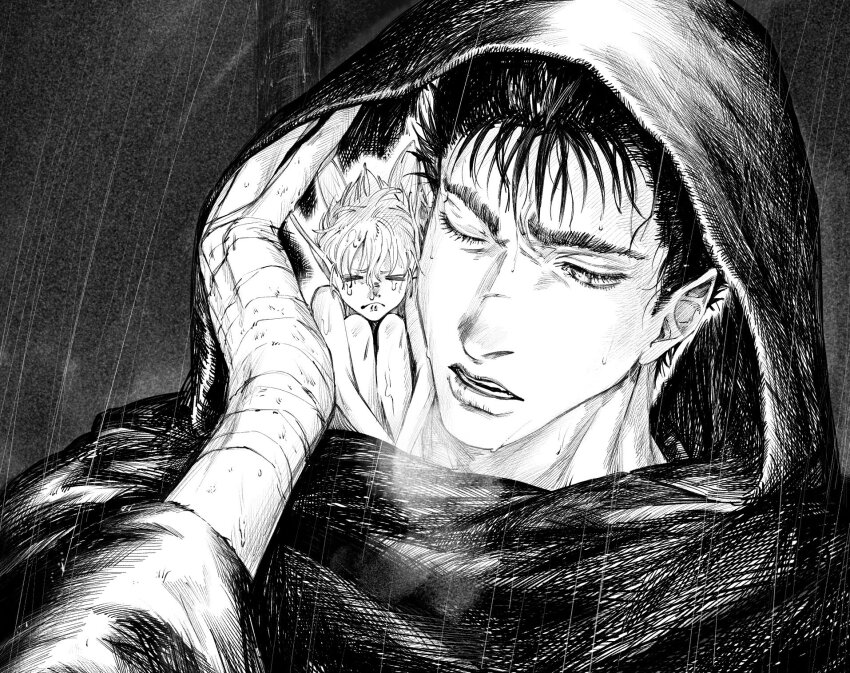 2boys bandaged_hand bandages bare_shoulders berserk black_hair closed_eyes closed_mouth commentary fairy_wings greyscale guts_(berserk) highres hood hood_up looking_at_another male_focus monochrome multiple_boys one_eye_closed open_mouth parted_lips pointy_ears puck_(berserk) rain scar scar_on_face scar_on_nose short_hair spiked_hair symbol-only_commentary teeth vislsn2 wings