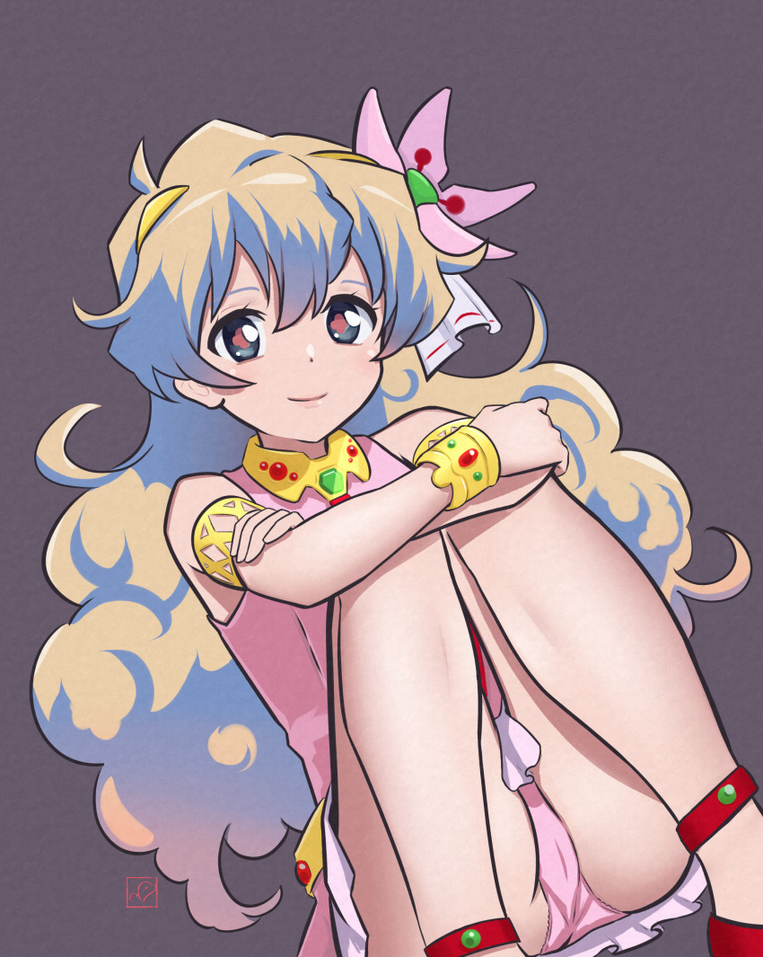 +_+ 1girl absurdres armlet blonde_hair blue_eyes blue_hair bracelet closed_mouth dress elementary_(lolipope) highres jewelry long_hair looking_at_viewer multicolored_hair nia_teppelin panties pantyshot pink_dress pink_panties sleeveless sleeveless_dress smile solo tengen_toppa_gurren_lagann two-tone_hair underwear