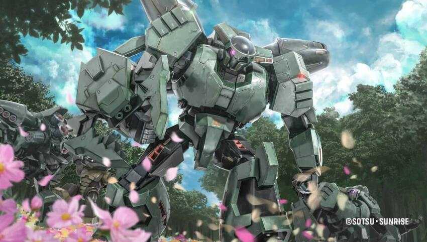 acguy army artist_request blurry blurry_foreground bolinoak_sammahn clenched_hands company_name copyright_notice double_beam_cannon grass gundam machinery mecha mecha_focus mobile_suit no_humans one-eyed pink_eyes realistic robot science_fiction shield titans_(gundam) tree zeta_gundam