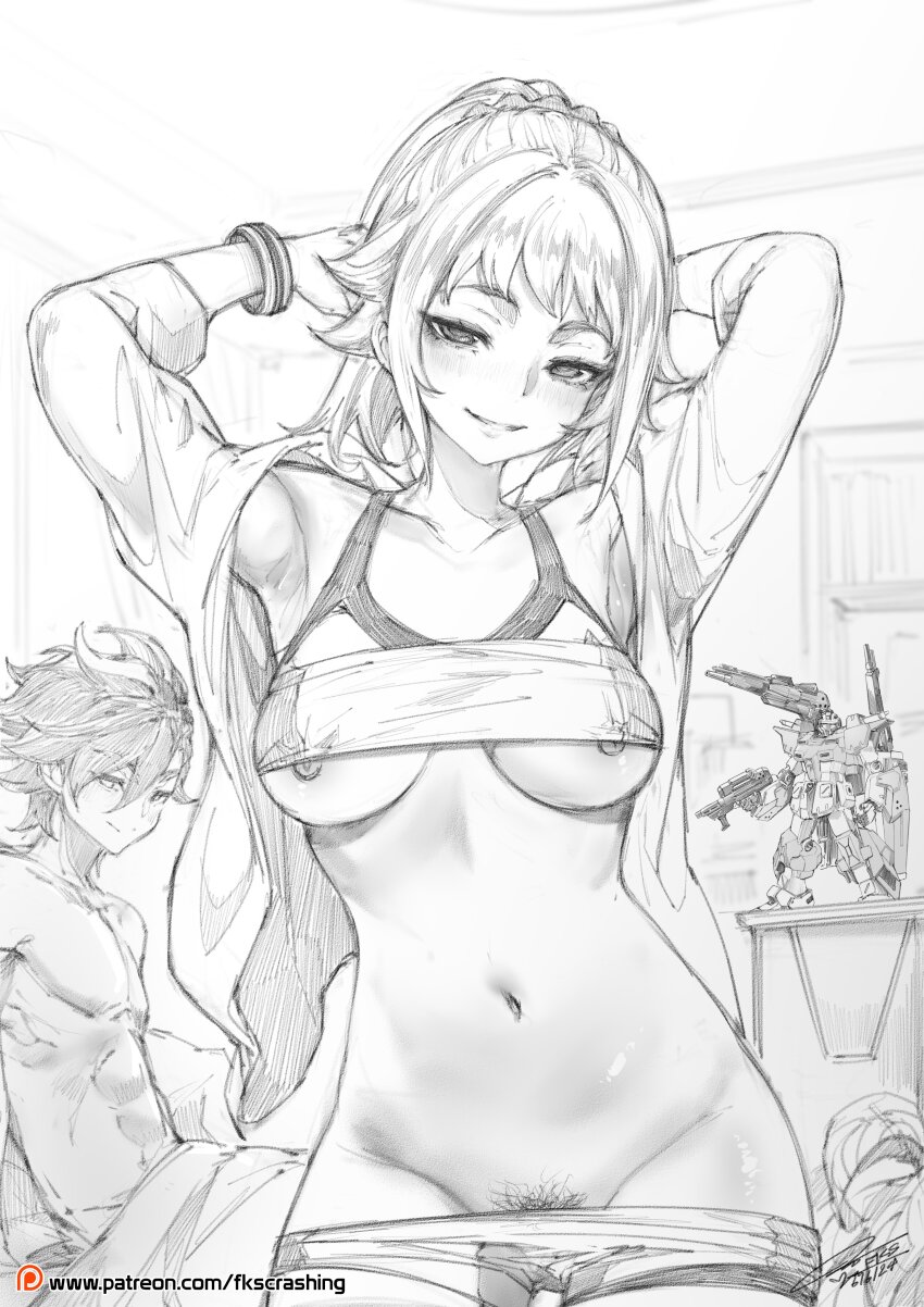 1boy 1girl absurdres armpits arms_behind_head arms_up bike_shorts bike_shorts_pull bracelet breasts clothes_lift cowboy_shot dated female_pubic_hair fkscrashing graphite_(medium) greyscale groin gundam gundam_build_fighters gundam_build_fighters_try gunpla hair_between_eyes half-closed_eyes hand_in_own_hair highres hoshino_fumina indoors jacket jewelry kamiki_sekai large_breasts light_blush long_sleeves looking_at_viewer model_kit monochrome naughty_face navel nipples open_clothes open_jacket parted_lips patreon_logo patreon_username powered_gm_cardigan pubic_hair pubic_hair_peek seductive_smile short_hair signature sitting smile solo_focus sports_bra sports_bra_lift standing stomach teeth traditional_media under_covers watermark web_address