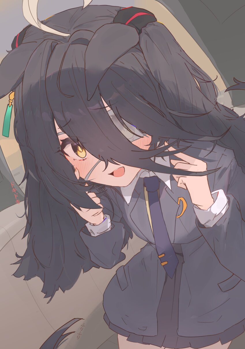 1girl absurdres black_shirt black_skirt blue_necktie blush coat collared_shirt ears_down eyepatch furrowed_brow grey_coat hair_between_eyes hands_up highres index_finger_raised long_bangs long_hair long_hair_between_eyes long_sleeves looking_at_viewer manhattan_cafe_(umamusume) medical_eyepatch multicolored_hair necktie open_mouth pleated_skirt shirt skirt smile solo ssekine05 translation_request umamusume upper_body very_long_hair white_hair yellow_eyes