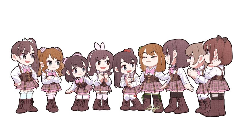6+girls :&gt; :d =_= amamiya_sophia_seren arm_at_side arms_at_sides artist_name assault_lily belt belt_buckle black_bow black_hair black_thighhighs blue_bow blue_eyes blue_thighhighs blush boots bow bowtie braid brown_belt brown_eyes brown_footwear brown_hair brown_skirt buckle chibi closed_eyes closed_mouth collared_shirt commentary_request corset cross cross-laced_clothes cross_necklace crossed_arms frilled_skirt frilled_thighhighs frills full_body garter_straps green_eyes green_ribbon grey_eyes hair_bobbles hair_ornament hair_ribbon hair_scrunchie hairband hanaoka_angela_moe hand_on_another&#039;s_back hand_on_own_cheek hand_on_own_face hand_up hands_on_own_hips hands_up haneda_catalina_mei hasegawa_gabriella_tsugumi high_ponytail highres houjou_monica_asahi jewelry kishimoto_lucia_raimu knee_boots knees_together_feet_apart komuzuka kuji-in lace-up_boots leaning_forward leg_ribbon light_brown_hair long_hair long_sleeves ludvico_private_girls&#039;_academy_school_uniform miniskirt multiple_belts multiple_girls nagase_marta_nonoka narumi_clara_yuuko necklace one_side_up open_mouth own_hands_together palms_together pendant pink_bow pink_bowtie pink_ribbon pink_scrunchie pink_thighhighs plaid_clothes plaid_skirt ponytail profile puff_of_air ribbon saeki_julia_karen school_uniform scrunchie shirt short_hair side_braid side_ponytail signature skirt smile standing thigh_ribbon thighhighs twintails two_side_up underbust white_background white_hairband white_ribbon white_shirt white_thighhighs