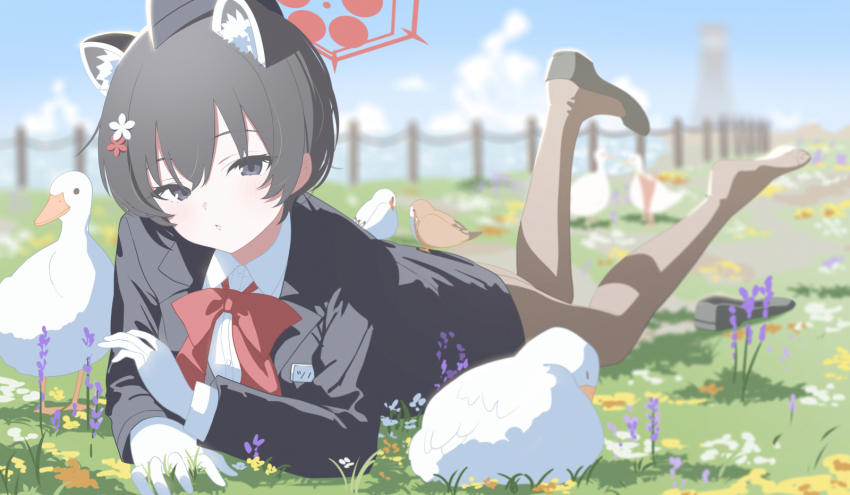 animal_ears black_eyes black_hair black_jacket blue_archive flower garrison_cap gloves hair_between_eyes hair_flower hair_ornament hat head_tilt highres jacket kaerunrun lying neckerchief on_stomach open_mouth pantyhose raccoon_ears red_neckerchief shirt shoes single_shoe split_bangs tsubaki_(blue_archive) tsubaki_(guide)_(blue_archive) white_gloves white_shirt