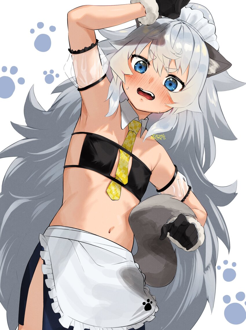 1girl a.c.p.u._(nikke) absurdres animal_ears arm_up armpits bare_shoulders bikini blue_eyes blush fake_animal_ears fake_tail flat_chest fluffy_hair fujisaki_subaru gloves goddess_of_victory:_nikke grey_hair highres looking_at_viewer maid maid_bikini maid_headdress navel necktie open_mouth poli_(nikke) see-through_clothes solo stomach swimsuit tail unconventional_maid white_background