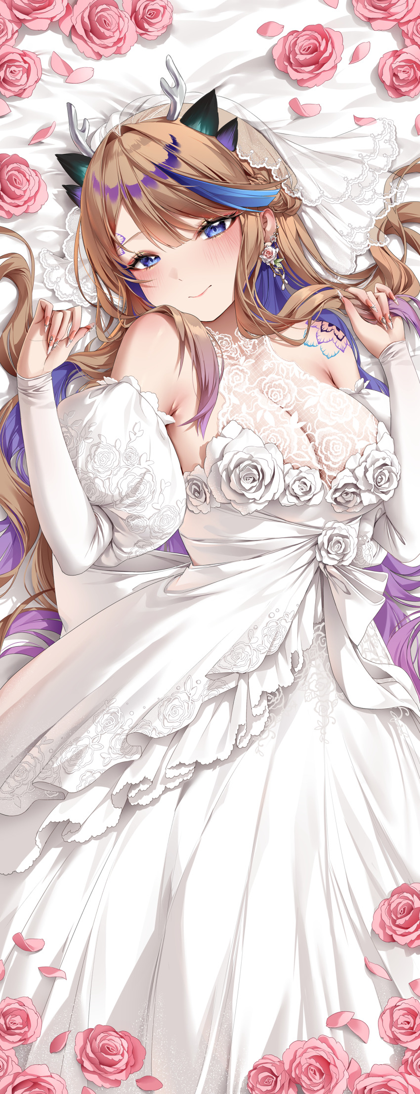 1girl absurdres airi_kanna antlers blue_eyes blue_hair blush breasts bridal_veil bride brown_hair cleavage colored_inner_hair detached_sleeves dragon_horns dress earrings flower forehead_tattoo highres horns jewelry large_breasts long_hair looking_at_viewer lying multicolored_hair nail_polish on_back petals purple_hair see-through_clothes see-through_cleavage shoulder_tattoo solo stellive streaked_hair tacco_(tikeworld) tattoo veil virtual_youtuber wedding_dress white_dress