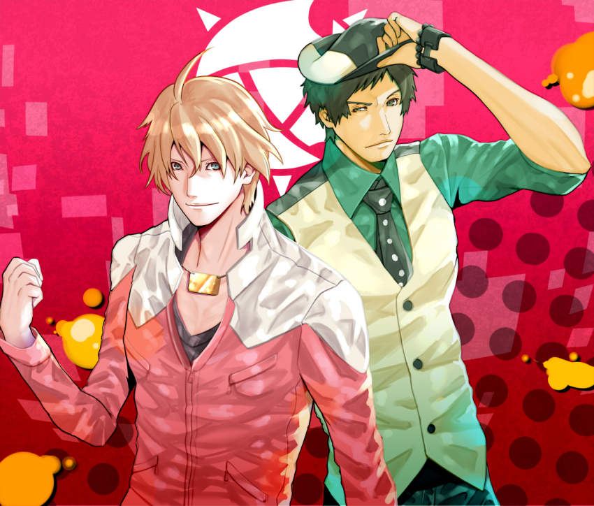 2boys barnaby_brooks_jr. barnaby_brooks_jr_(cosplay) black_hair brown_hair newsboy_cap cosplay gotou_hidenori hat hazama_masayoshi jacket kaburagi_t._kotetsu kaburagi_t_kotetsu_(cosplay) male_focus multiple_boys parody puu_maru red_jacket samurai_flamenco tiger_&amp;_bunny vest waistcoat