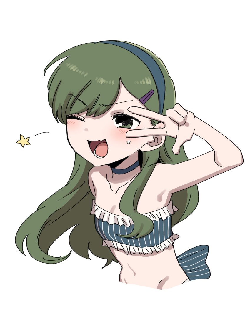 1girl absurdres alternate_hairstyle bikini blue_bikini blue_choker blue_hairband choker commentary_request cropped_torso fang flat_chest green_eyes green_hair hair_ornament hairband hairclip highres igarashi_futaba long_hair lower_teeth_only navel senpai_ga_uzai_kouhai_no_hanashi shiromanta simple_background skin_fang solo star_(symbol) stomach strapless strapless_bikini striped_bikini striped_clothes sweatdrop swimsuit teeth v v_over_eye vertical-striped_bikini vertical-striped_clothes white_background