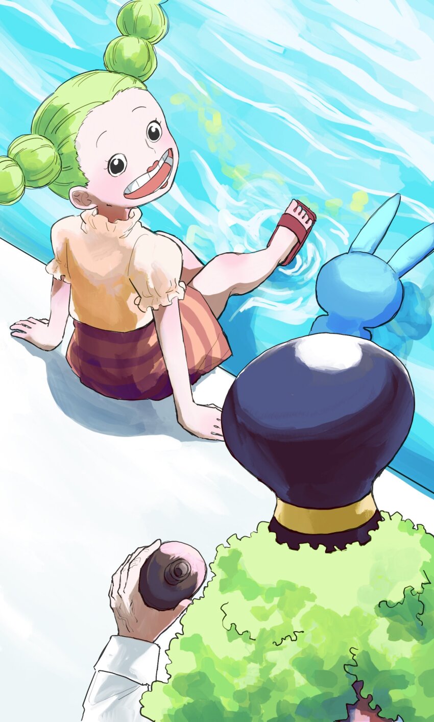 2girls absurdres animal back bottle child chimney_(one_piece) cropped_jacket dress gonbe_(one_piece) green_hair hat highres holding holding_bottle kokoro_(one_piece) multiple_girls one_piece ponytail rabbit sandals shirt sitting smile sxs_tn water white_shirt