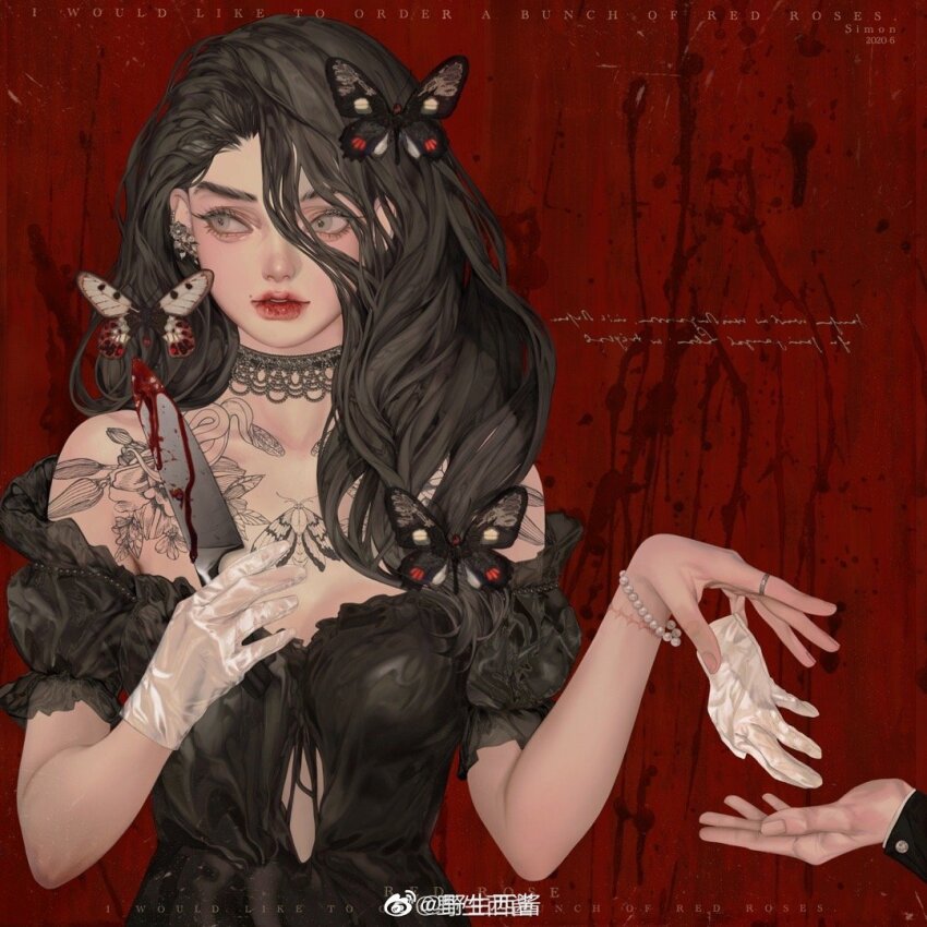 1girl bead_bracelet beads black_choker black_dress blood blood_splatter bloody_knife bracelet brown_hair butterfly_hair_ornament butterfly_tattoo chest_tattoo choker clothing_cutout commentary dress earrings english_commentary english_text expressionless eyelashes flower_earrings flower_tattoo frilled_sleeves frills giving gloves grey_eyes hair_between_eyes hair_half_over_shoulder hair_ornament holding holding_gloves holding_knife holding_unworn_clothes jewelry knife lace lace_choker lipstick long_hair looking_to_the_side makeup off-shoulder_dress off_shoulder original outstretched_hand parted_lips red_background red_lips ring short_sleeves shoulder_tattoo solo_focus tattoo unworn_gloves upper_body watermark weibo_watermark white_gloves yesheng_xijiang